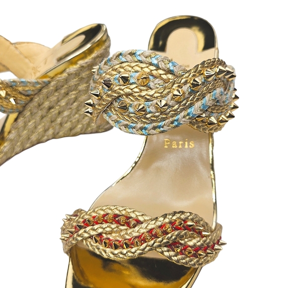 CHRISTIAN LOUBOUTIN Braided Gold-Studded Leather Wedge Sandals - Picture 8 of 13